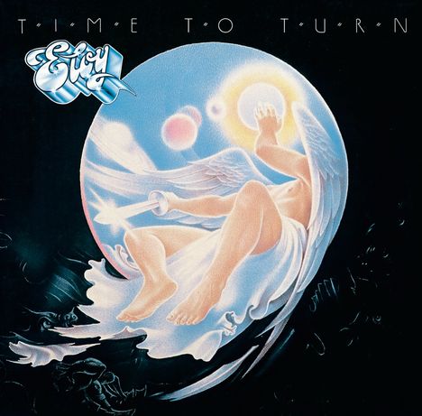 "TIME TO TURN" oben, stilisiertes "Eloy"-Logo links. Illustration eines Engels in einer schwebenden Pose mit Flügeln.