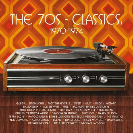 "The 70s - Classics: 1970-1974" steht vor retro Muster. Plattenspieler mit hölzerner Verkleidung unten, Künstlernamen darunter.
