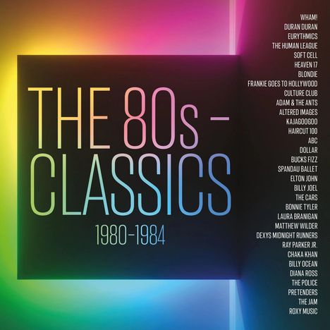 „THE 80s CLASSICS 1980-1984“ steht links in großen Lettern, daneben Namen von 80er-Künstlern auf schwarzem Hintergrund.