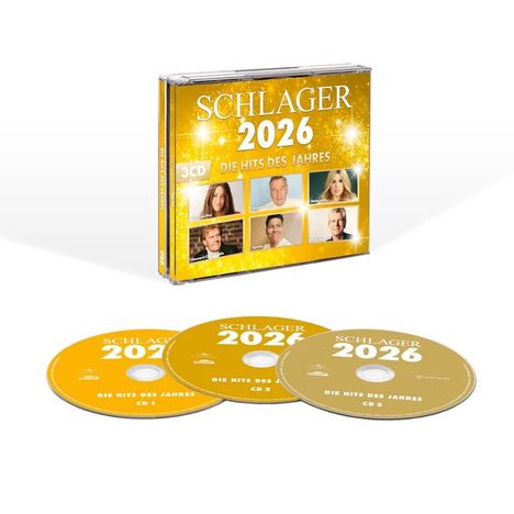 „SCHLAGER 2026 - Die Hits des Jahres“ auf einem goldenen CD-Cover mit Bildern von sechs Personen. Enthält drei CDs.