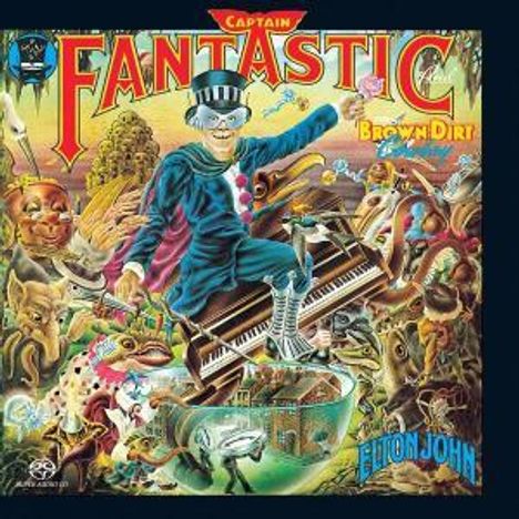 „Captain Fantastic and the Brown Dirt Cowboy“, Illustration eines Mannes im blauen Anzug in fantastischer, bunter Umgebung.