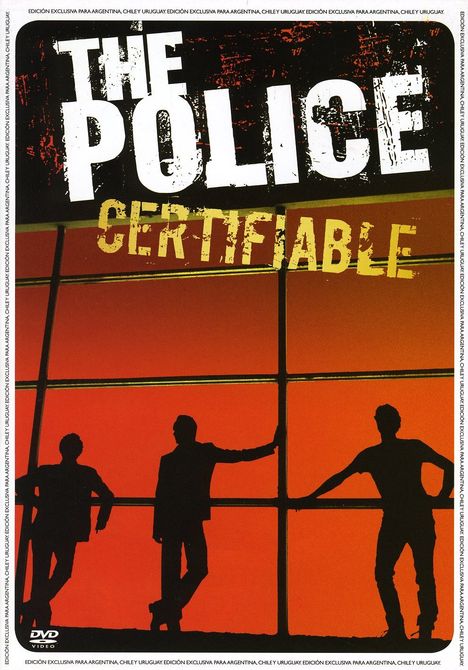 "The Police Certifiable" in großen Buchstaben, drei schwarze Silhouetten vor einem roten Hintergrund, rechteckige Fenster.