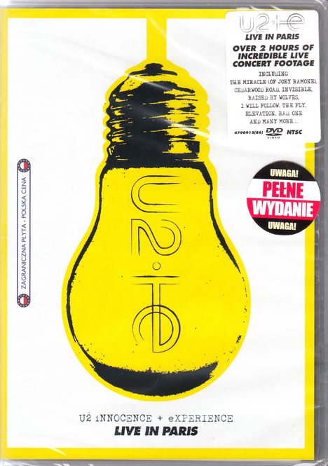 Text oben rechts: „LIVE IN PARIS, OVER 2 HOURS...” Unten: „U2 iNNOCENCE + eXPERIENCE LIVE IN PARIS“. Gelbes Birnen-Logo.