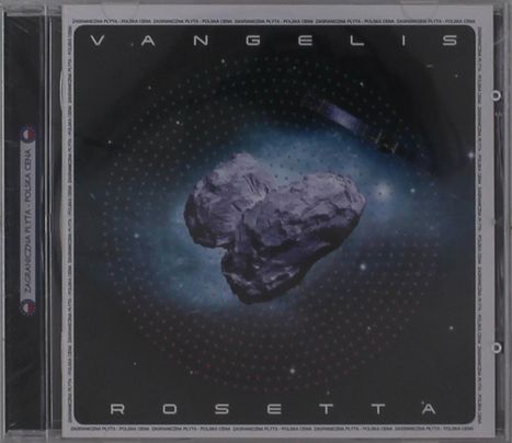 "VANGELIS ROSETTA" steht auf einem CD-Cover mit einem großen, schwebenden Asteroiden im Weltraum.