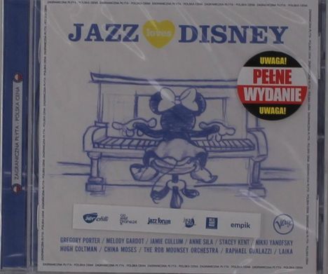 "JAZZ loves DISNEY" in blauer Schrift, darüber gezeichnet Minnie Maus am Klavier. Sticker: "Uwaga! Pełne wydanie".