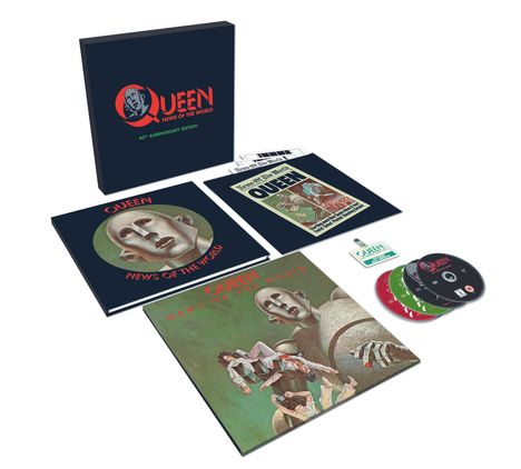 Queen: News Of The World (40th Anniversary) (Limited Edition) (Super Deluxe Box Set), 1 LP, 3 CDs und 1 DVD
