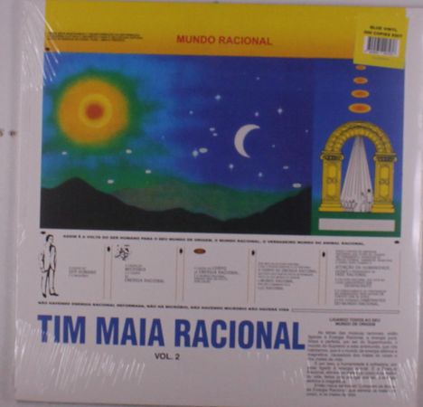 "Mundo Racional" oben und "Tim Maia Racional Vol. 2" unten. Illustration mit Sonne, Mond, Sternen und einem Torbogen.