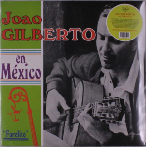 "Joao Gilberto en México" in bunten Buchstaben. Schwarz-weiß Bild eines Mannes, der Gitarre spielt. Links Illustrationen.