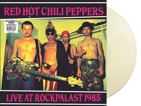 "Red Hot Chili Peppers" oben, "Live at Rockpalast 1985" unten. Vier Männer ohne Hemd, einer hält Gitarre.