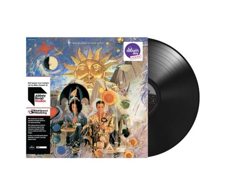 "Half-speed vinyl masters cut by Miles Showell at Abbey Road Studios" steht neben einer farbenfrohen Illustration mit Sonne und Figuren.