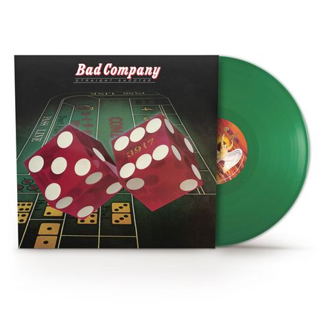 "Bad Company" und "Straight Shooter" in roter Schrift auf einem Spieltisch mit zwei roten Würfeln. Grünes Vinyl.