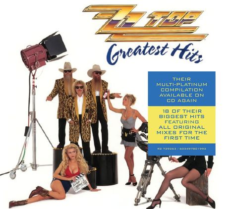 „ZZ Top Greatest Hits“ oben. Text: „Their multi-platinum compilation available on CD again...“ Unten Menschen in auffälliger Kleidung.
