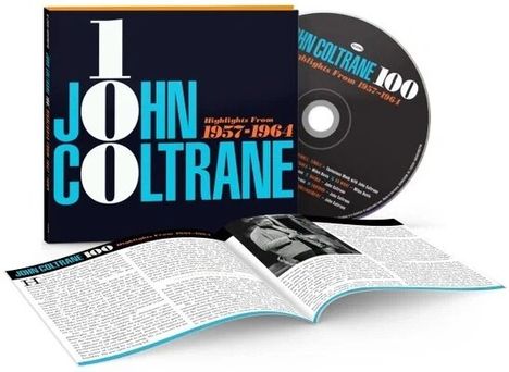 "JOHN COLTRANE 100 Highlights From 1957-1964" auf CD und Begleitheft. Cover: Blau-weiße Schrift auf dunklem Hintergrund.