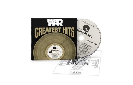 "WAR Greatest Hits" steht auf einer Box mit Schallplatten-Design und einer CD von Avenue Records. Ein Infoblatt liegt darunter.