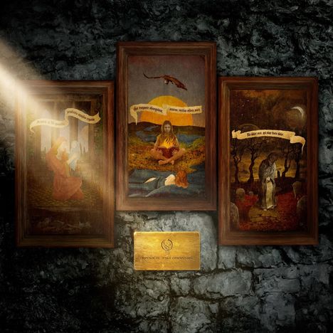 In der Mitte: "Hoc tempus absumam", links: "Aurelia in silva", rechts: "Nihil veret". Drei Gemälde an einer Steinwand.
