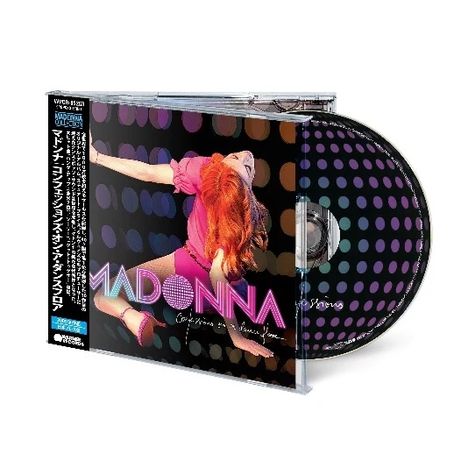 Auf dem CD-Cover steht "Madonna" in großen Buchstaben und "Confessions on a Dance Floor" darunter. Eine Frau tanzt bunt gekleidet.