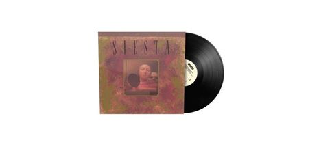 Text: "Siesta". Plattencover mit Kunst eines ruhenden Gesichts, daneben eine teilweise sichtbare schwarze Schallplatte.