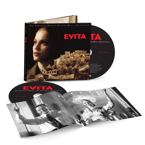 "EVITA" in roter Schrift, CD-Hüllen mit Porträt einer Frau, schwarz-weiße Fotos von Menschen bei Reden.