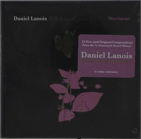 "Daniel Lanois Belladonna Nocturne" in lila Textbox. Schwarzer Hintergrund mit rosa Blumenillustration.