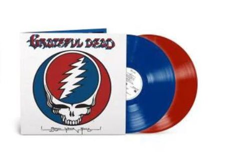 "Grateful Dead" und "Steal Your Face" sind in einer Illustration eines Totenkopfs mit blau-rot Blitz und bunten Schallplatten sichtbar.