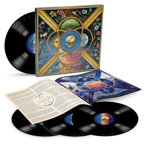 Die Texte "Grateful Dead Merriweather 6.30.85". Im Mittelpunkt ein Totenkopf im Sonnenkreis, umrahmt von Naturmotiven.
