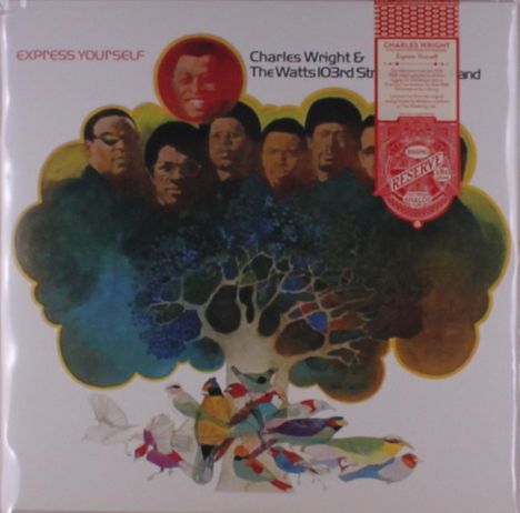 "Express Yourself" und "Charles Wright & The Watts 103rd Street Rhythm Band" stehen neben einem abstrakten Baum mit Vögeln.