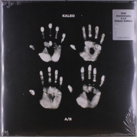 "Kaleo", "10th Anniversary 2-LP Deluxe Edition", "A/B". Vier weiße Handabdrücke auf schwarzem Hintergrund.
