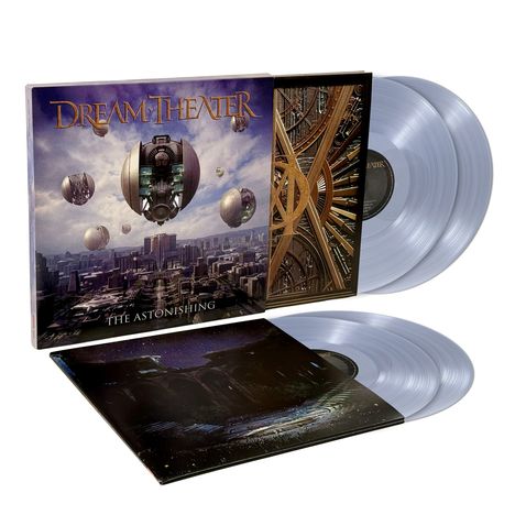 Auf einer Verpackung steht "DREAM THEATER" und "THE ASTONISHING". Zwei durchsichtige Schallplatten sind sichtbar.