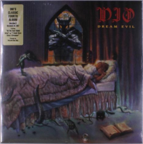 "DIO", "DREAM EVIL"; Ein Kind schläft in einem Bett, während dunkle Gestalten es umgeben und ein Dämon im Fenster steht.