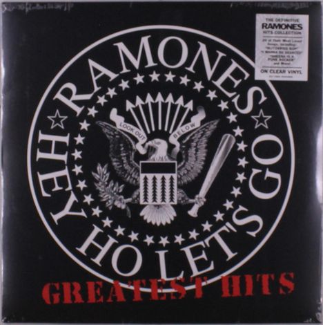 "RAMONES HEY HO LET'S GO GREATEST HITS". Ein kreisförmiges Logo mit Adler und Sternen, darunter roter Text.