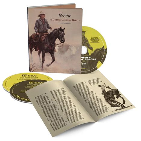 "Ween, 12 Golden Country Greats" steht auf einem Albumcover mit Cowboy und Pferd. CDs und Booklet sind ebenfalls abgebildet.
