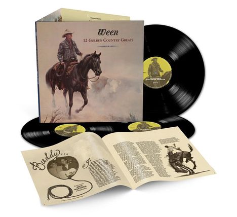 "12 Golden Country Greats" steht auf einem Vinyl-Album mit einem Cowboy, der auf einem Pferd reitet.