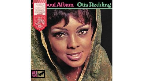 "Soul Album Otis Redding" in kräftigen Farben. Eine Nahaufnahme einer lächelnden Frau mit grünem Tuch. Unten steht "Volt Records".
