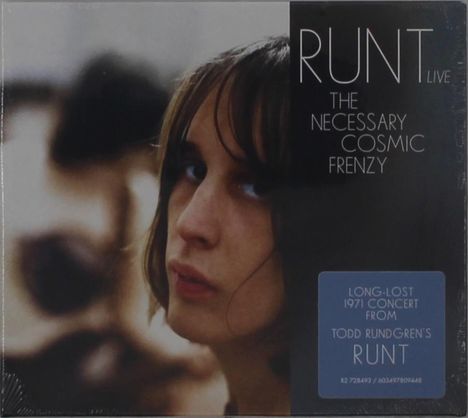 "RUNT LIVE The Necessary Cosmic Frenzy. Long-lost 1971 concert from Todd Rundgren's Runt." zeigt ein nachdenkliches Gesicht.