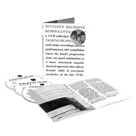 Text: "TENTATIVE DECISIONS: DEMOS & LIVE" ist ein 3-CD-Set der Band TALKING HEADS. Es zeigt deren musikalische Entwicklung.