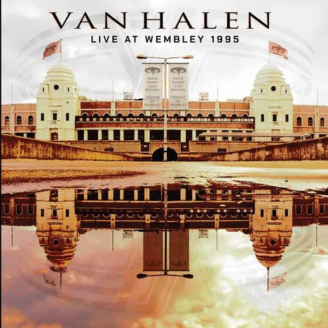 "Van Halen Live at Wembley 1995" über historischem Stadion mit Flaggen und Bandschriftzügen, im Wasser gespiegelt.