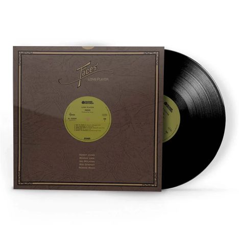 Text: "Faces Long Player". Schwarze Vinyl-Schallplatte in brauner Hülle mit gelbem Etikett.