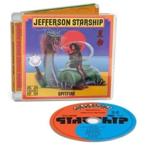"Jefferson Starship, Spitfire" auf CD-Hülle. Illustration: Mensch mit Trank vor einem großen Drachen in bunter Landschaft.