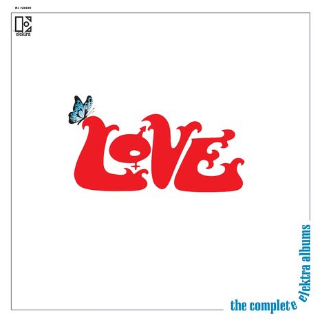 "Love" in roter, verspielter Schrift mit Schmetterling; darunter der blaue Text "the complete elektra albums".