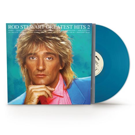 "ROD STEWART GREATEST HITS 2" oben auf einem Albumcover, daneben eine blaue Schallplatte.