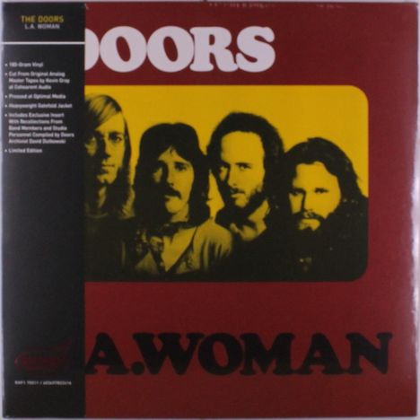 Text: "THE DOORS", "L.A. WOMAN". 
Illustration: Vier Männer in gelbem Rechteck über roten Hintergrund.