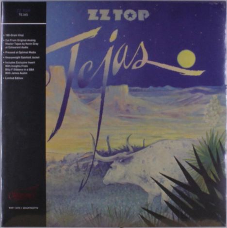 ZZ Top, Tejas. Landschaft im Mondlicht mit Wüste, Hügeln, einem Stier und Pflanzen.