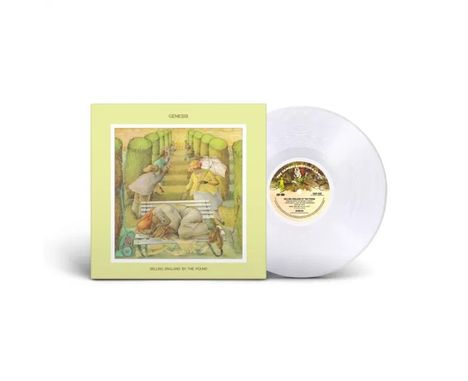 GENESIS und SELLING ENGLAND BY THE POUND. Illustration: Menschen auf einer Bank in einem gepflegten Garten. Vinyl daneben.