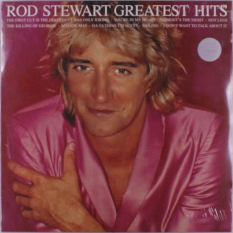 "Rod Stewart Greatest Hits" steht oben. Eine Person in pinkem Satinanzug lächelt und kreuzt die Arme vor der Brust.