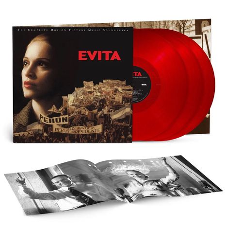 "EVITA" in roter Schrift auf einem Albumcover, darunter Menschenmengen mit Schildern. Zwei rote Schallplatten und ein Booklet.