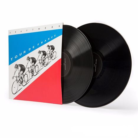 Eine Schallplatte mit dem Covertext "Kraftwerk Tour de France"; ein Cover in Blau, Weiß und Rot mit Radfahrern.