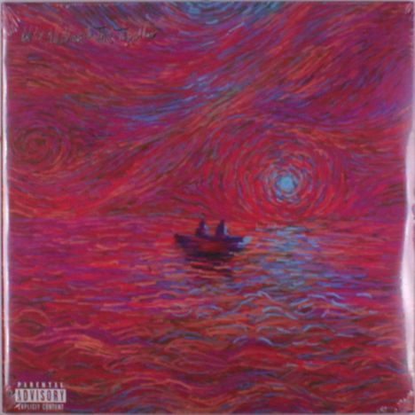 Oben verschwommene Schrift, unten "Parental Advisory" Hinweis. Illustration: Boot auf welligem, farbigem Wasser.