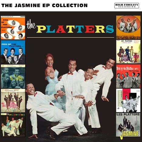 "The Jasmine EP Collection. High Fidelity Recording. Vier Personen in weißen Anzügen und eine Frau in blauem Kleid, fröhlich posierend."