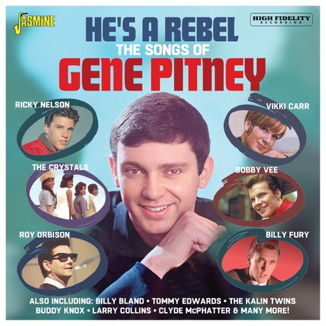 „HE'S A REBEL: THE SONGS OF GENE PITNEY“. Fotos von Sängern um Porträt von Mann. Logo oben links.