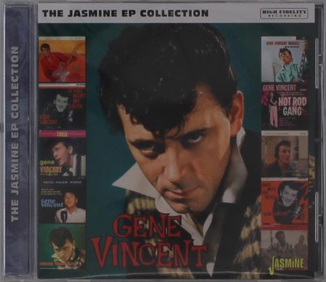"The Jasmine EP Collection" und "Gene Vincent" in roter Schrift auf Porträt eines ernsten Mannes mit schwarzen Haaren.